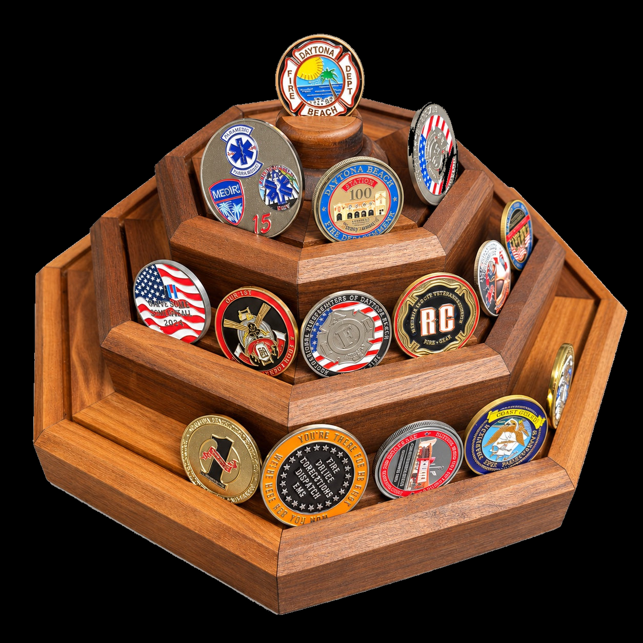Finished BraveCraft three-tier black walnut challenge coin display with coins shown for illustration; coins not included.