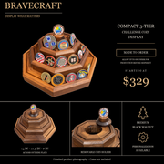 BraveCraft compact three-tier display brochure on black, using finished product photos. Starting at $329.